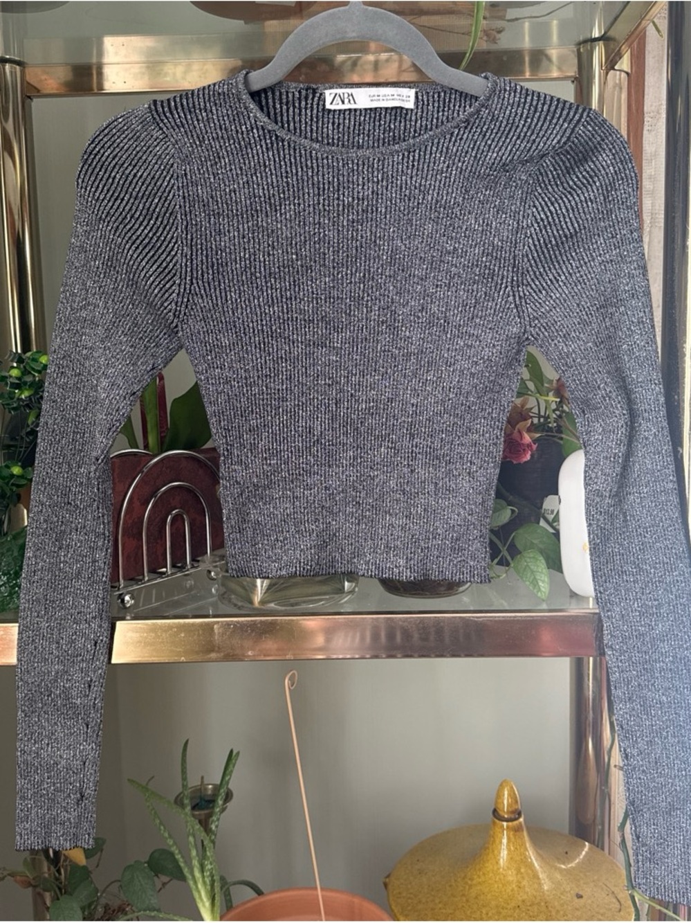 ZARA Metallic Ribbed Crewneck Top - Silver & Black